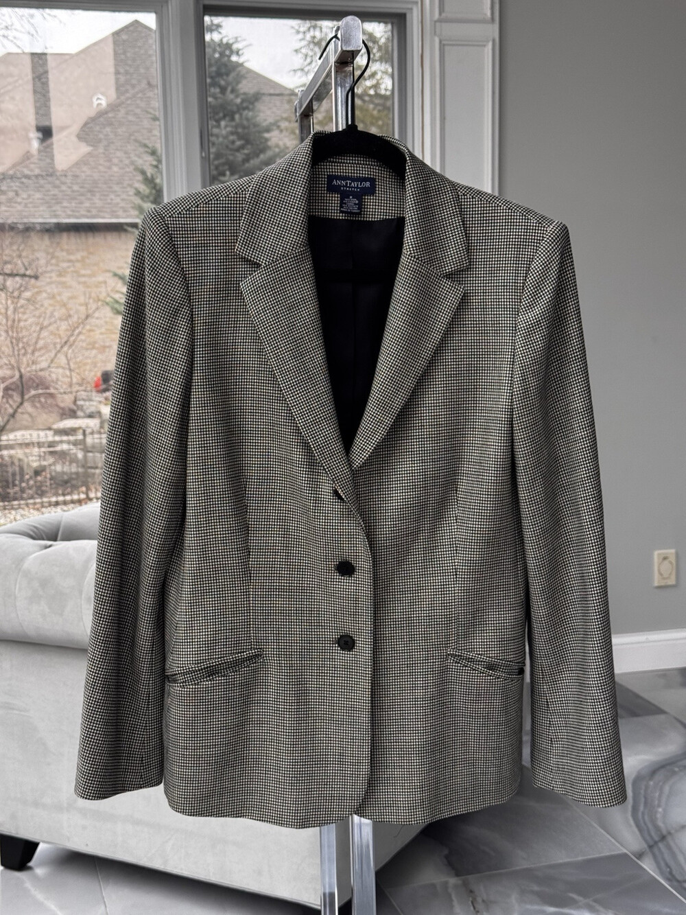 Ann Taylor Black Houndstooth Wool Blend Blazer Suit Coat Size 8 Women’s